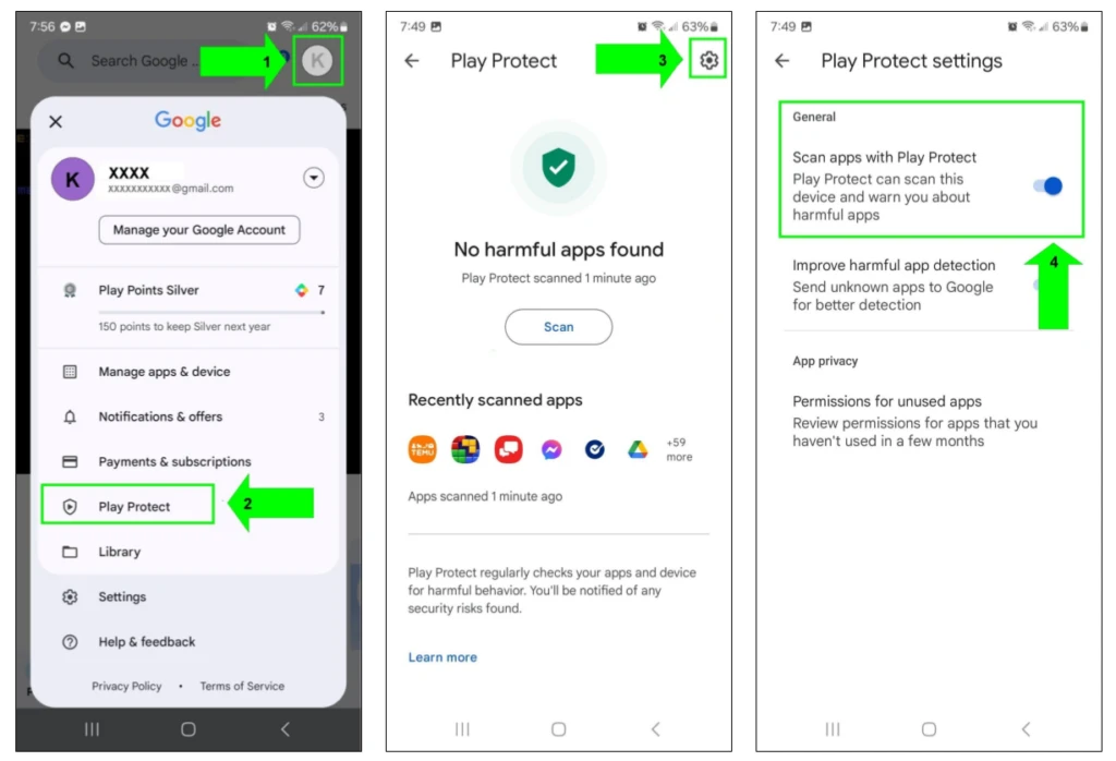 Android上的Play Protect设置截图。